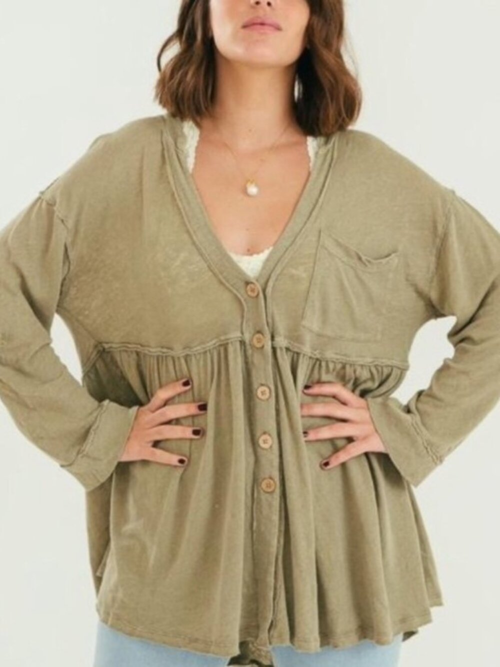 Free People We The Free Jolin Hot Spring Linen Cotton Slub Deep V Neck Tunic M